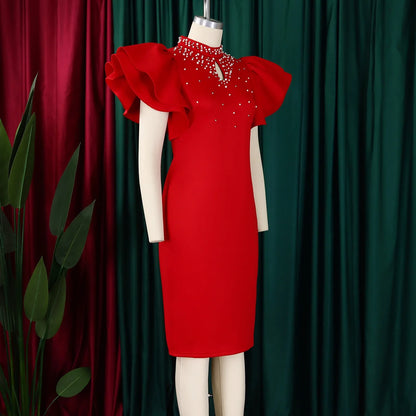 Elegant Dresses for Women O Neck Ruffles Sleeve Beaded Sheath Package Hips Mid Calf Luxury Birthday Party Dinner Vestidos Mujer
