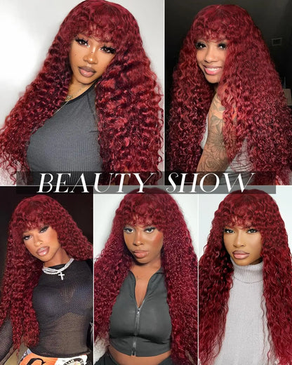 Glueless 200% Density 99J Burgundy Full Machine Made Deep Wave Wig with Bangs Water Wave Red Curly Human Hair Wigs Wear and Go