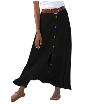 Midi Skirts For Women Bohemian Style Daily And Versatile Half Skirt Fashion Plain Color Basics High Waist Beach Button Dress
