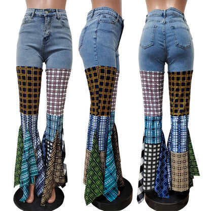 Women Jeans 2024 Summer Fashion Spliced Houndstooth Denim Ruffle Edge Flared High Waist Jeans Pants Female Trousers Streetwear