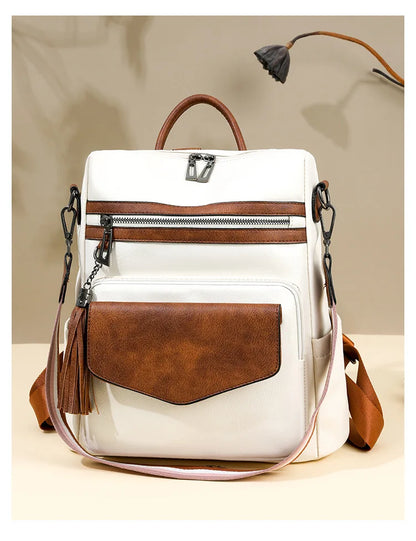 Backpack for Women Large Womens Backpack Leather Travel Fashion Purse Designer Ladies Shoulder Bags with Tassel Two-toned Brown