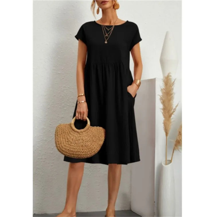 Women's Dresses 2025 Summer Fashion Casual Dresses Women Loose Mid Length Over Knee Dress New Short Sleeve Solid Dress Woman