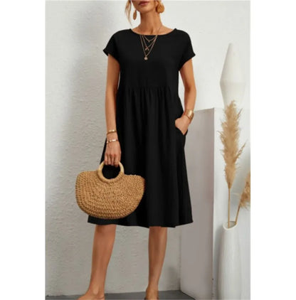 Women's Dresses 2025 Summer Fashion Casual Dresses Women Loose Mid Length Over Knee Dress New Short Sleeve Solid Dress Woman
