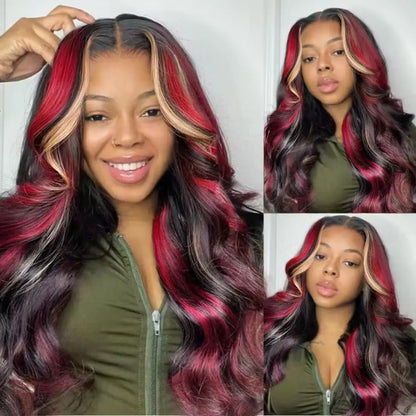 Highlight 5x5 Glueless Wigs Human Hair Pre Plucked Pre Cut Black Hair With Red blonde highlight Body Wave Wigs Human Hair 200%