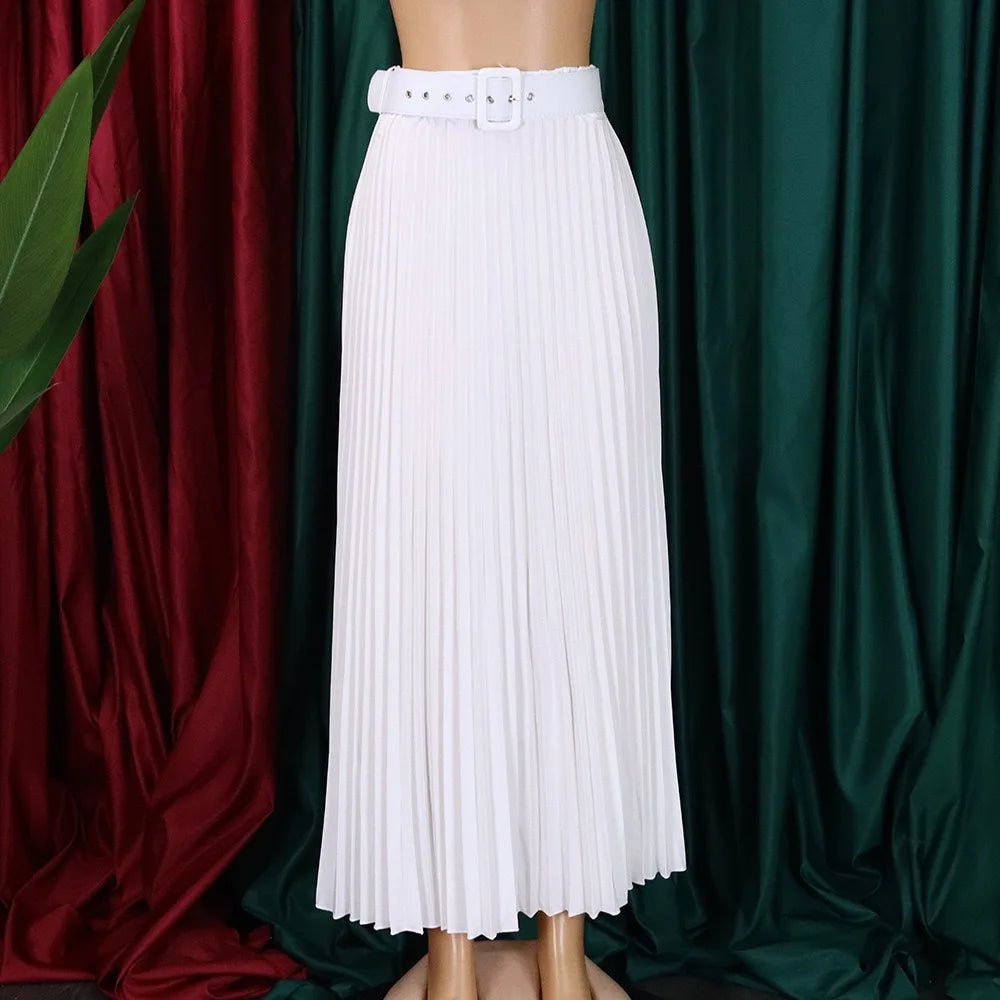 Elegant Pleated Skirts for Woman 2024 New High Waisted Belt Waisted Ankle Length Autumn Winter Wear Bottoms Skirts Clothes Hot