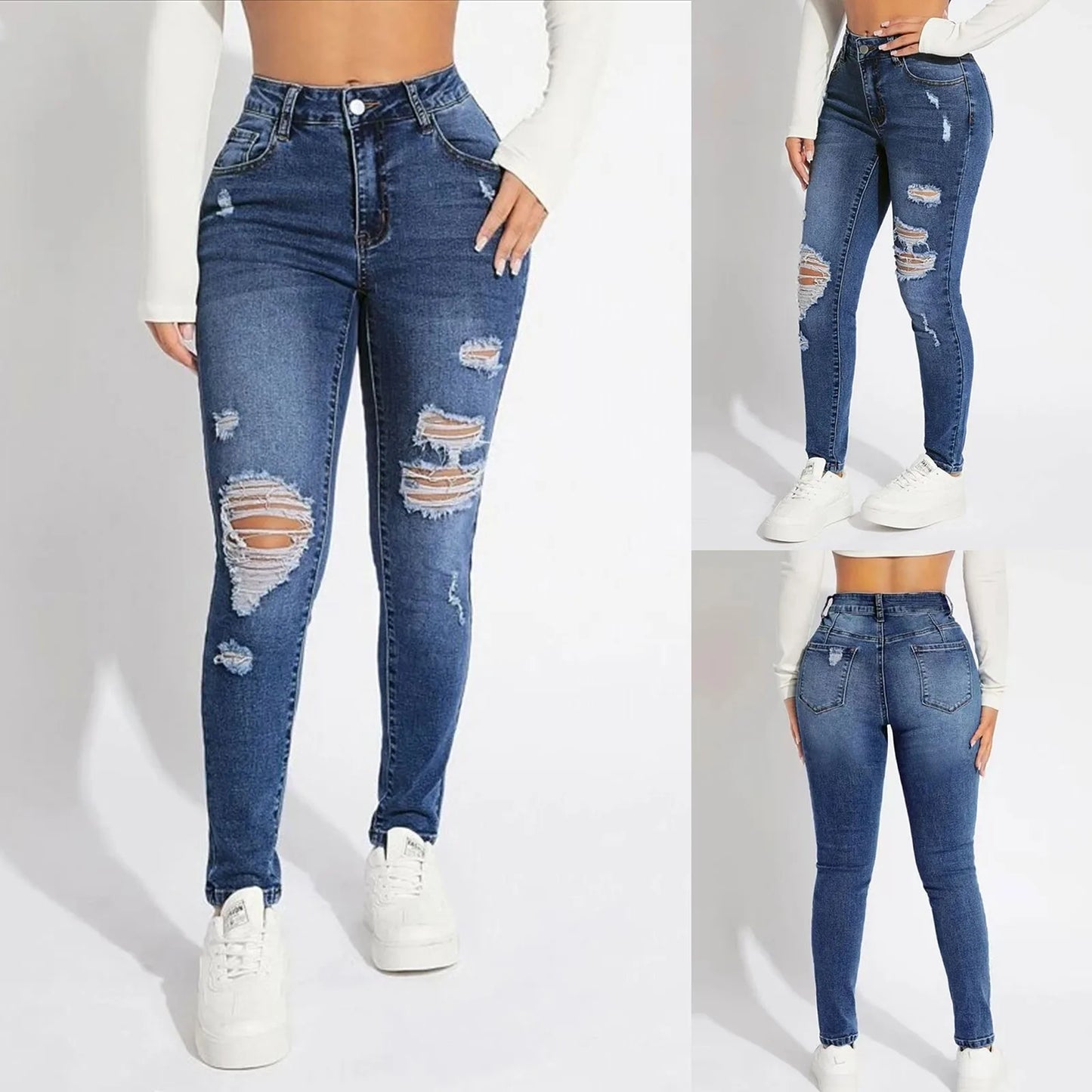 Women'S Skinny Trend Ripped Casual Fashion Small Foot Jeans Elastic Waist Drawstring Jeans Fashion Skinny Slim Ankle-Length Pant