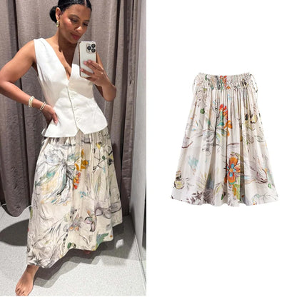 Skirts Summer Women's 2025 New Chic Printed High Waist Skirts Women's Summer Street Elegant Youth Holiday Skirt