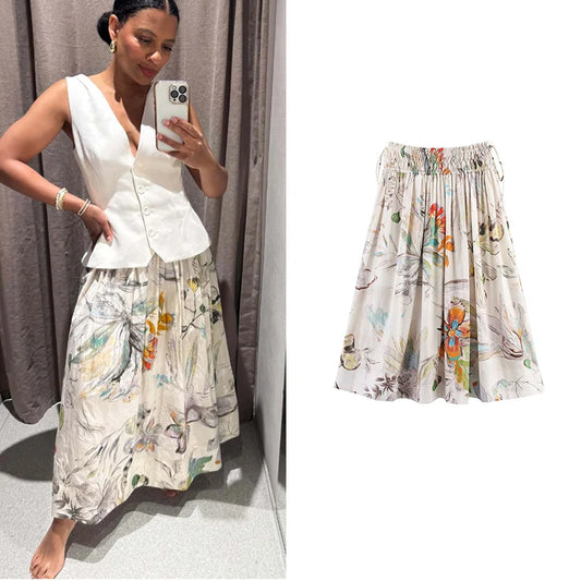 Skirts Summer Women's 2025 New Chic Printed High Waist Skirts Women's Summer Street Elegant Youth Holiday Skirt