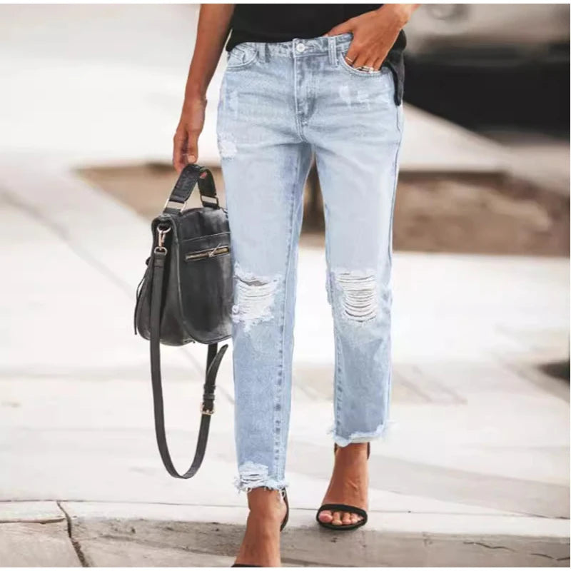 Women‘s Fashion Straight Jeans Casual High Waisted Washed Skinny Trousers Ripped Slim Pants For Lady Commuter 2025 Fashion Trend