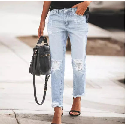Women‘s Fashion Straight Jeans Casual High Waisted Washed Skinny Trousers Ripped Slim Pants For Lady Commuter 2025 Fashion Trend