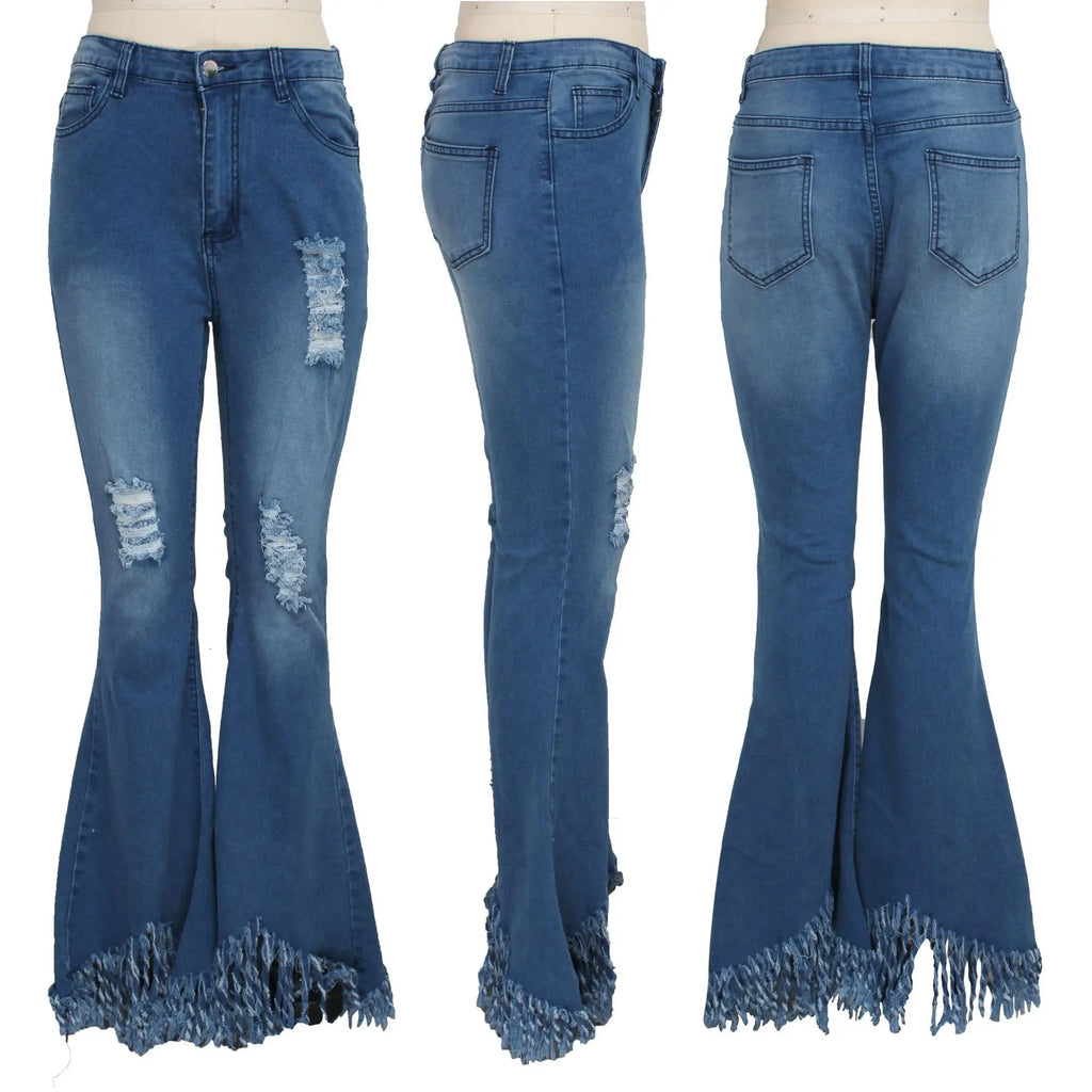 Jeans Women Long Pants Flare Pant Slim Fit Bodycon Y2k Streetwear Casual Elegant Splice Denim Trousers Solid Hole High Waist