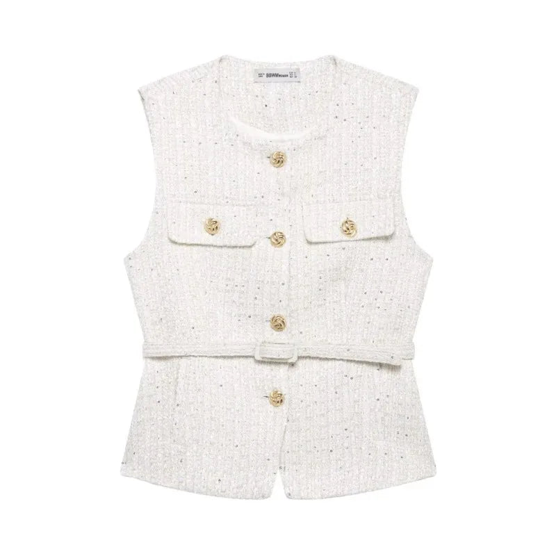 Women's Tweed Waistcoat With Belt, O Neck, Sleeveless, Front Button, Female Outerwear, Chic Tops, Fashion