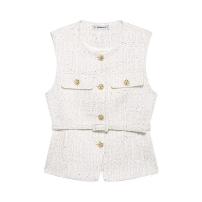 Women's Tweed Waistcoat With Belt, O Neck, Sleeveless, Front Button, Female Outerwear, Chic Tops, Fashion