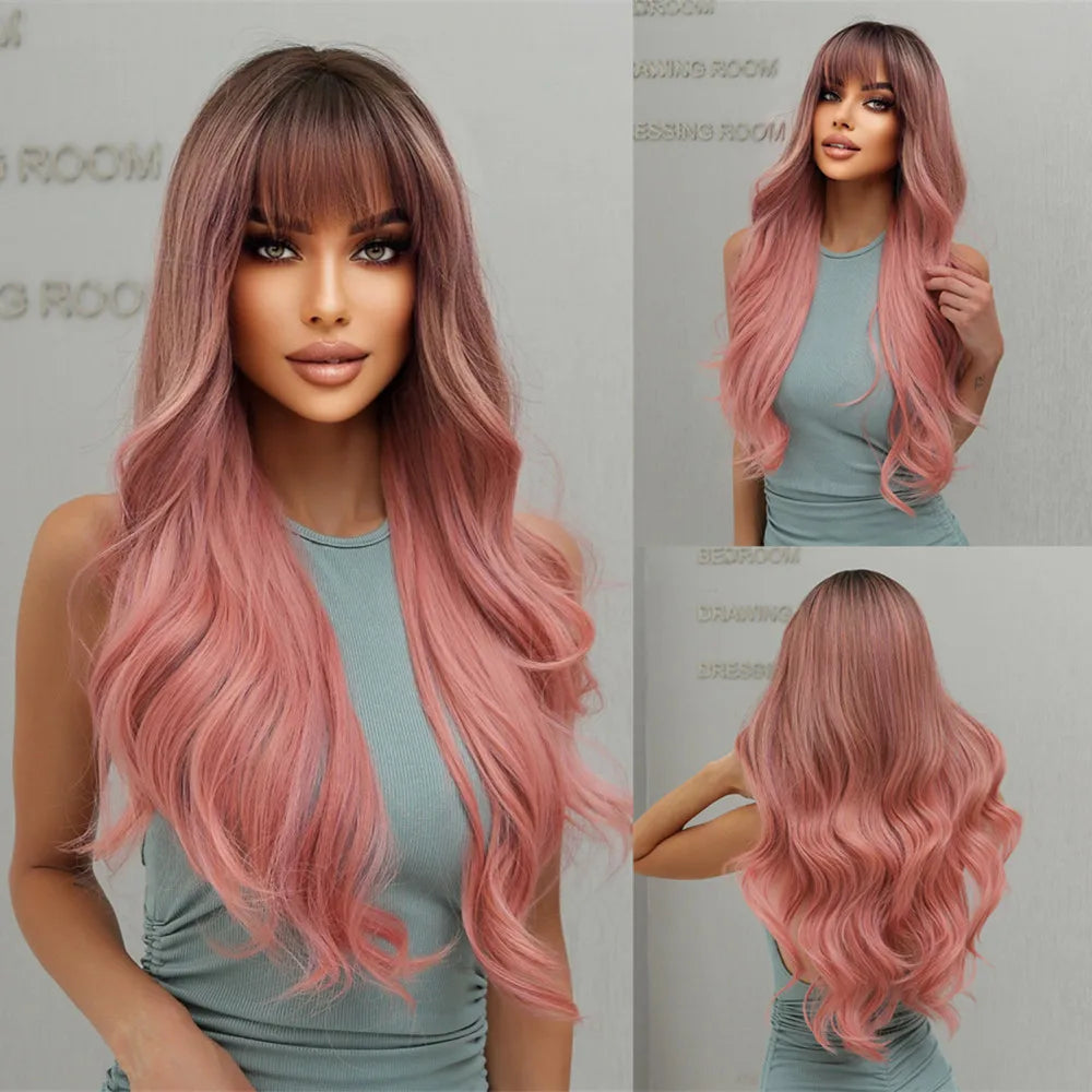 HENRY MARGU Burgundy Long Wavy Wigs Wine Red Wig with Bangs for Women Daily Synthetic Hair Cosplay Wig Heat Resistant Fiber