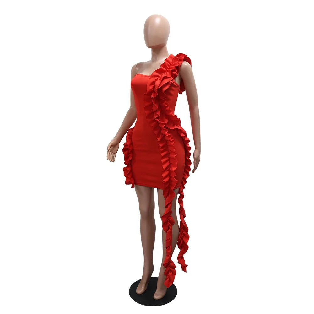Sexy Dresses for Woman 2025 New Summer Red One Shoulder Ruffles Sheath Mini Length Elegant Ladies Evening Night Birthday Dress
