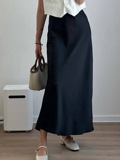 Long Black Satin Skirts Women For Work Summer Autumn Straight Brown Skirt Long Belt Coffee Formal Silk Maxi Skirt For Ladies