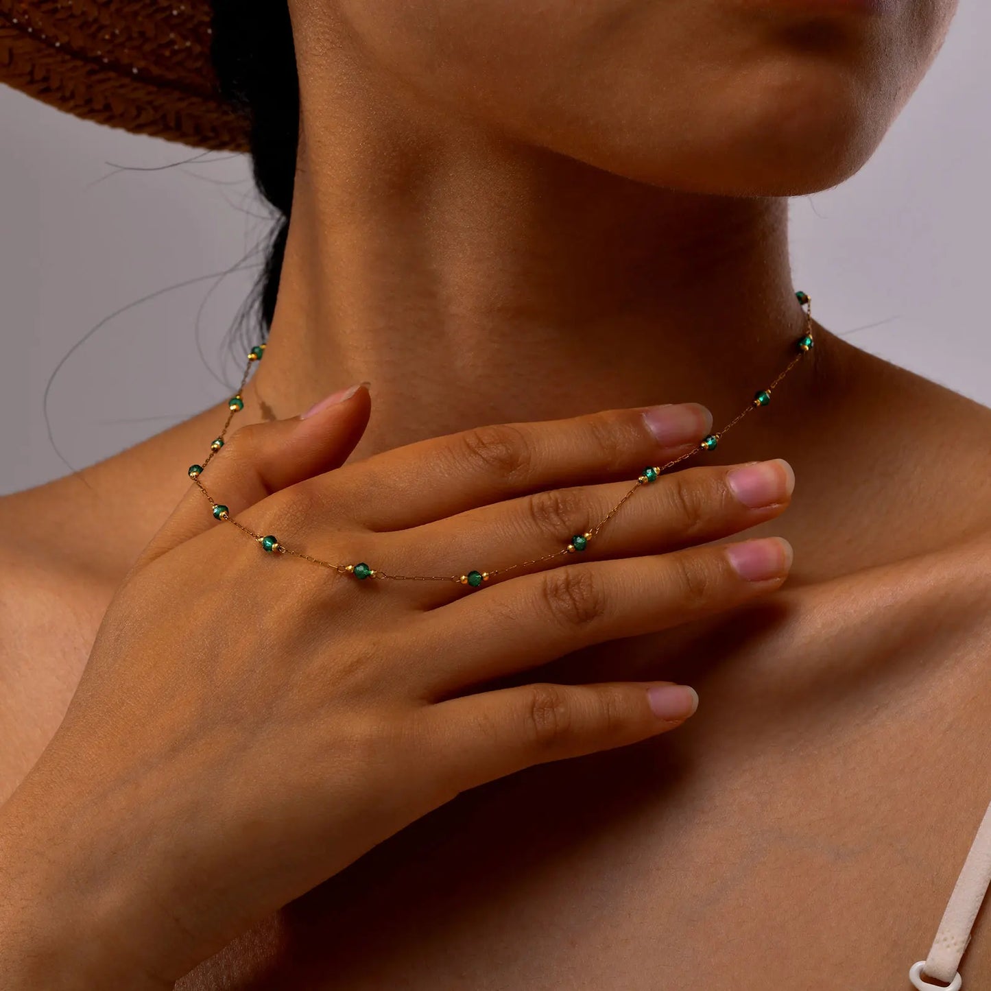 Bohemian Necklace Beaded Strap Chain Women Fashion Lanyard Neck Chain Jewelry Stainless Steel Green/Black Faceted Beads Necklace