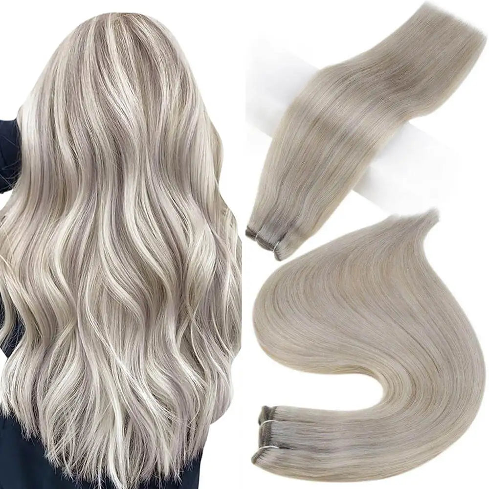 Moresoo Human Hair Bundles Weave in Double Wefted Machine Remy Hair Balayage Hair Pieces for Women Straight Weft Hair Extension