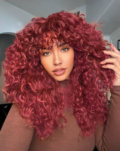 Glueless 200% Density 99J Burgundy Full Machine Made Deep Wave Wig with Bangs Water Wave Red Curly Human Hair Wigs Wear and Go