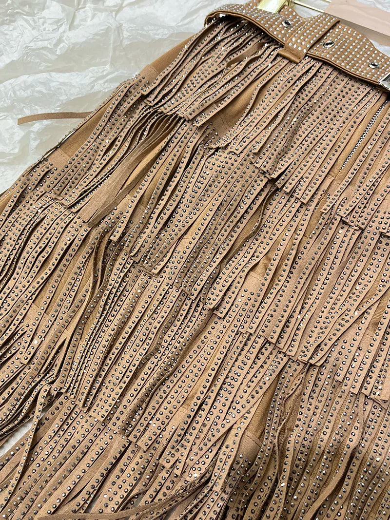 Women Skirt Fashion 2025 New Autumn High Waist Belt Multi Layer Short  Heavy Drilling Rhinestones Fringed Skirt with Cake A Line