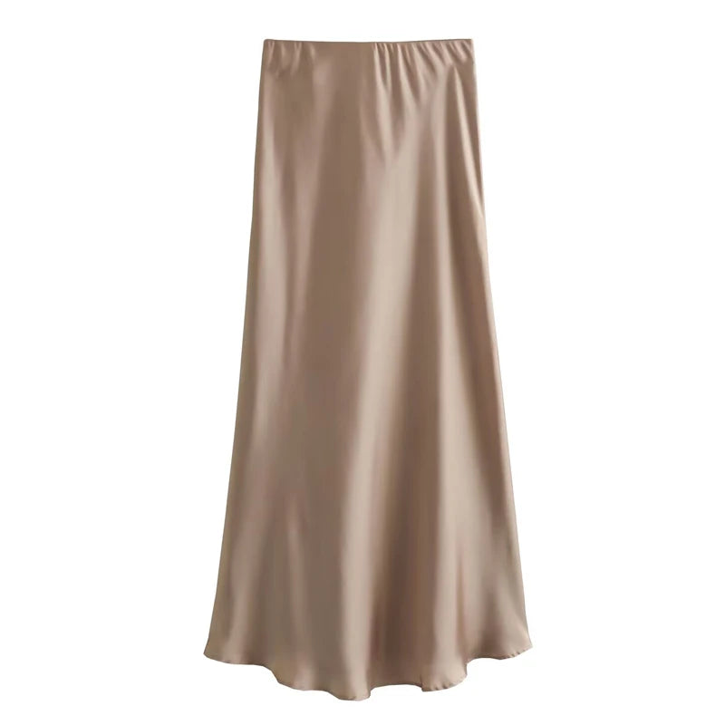TRAF Women's Skirt Summer Elegant Satin Skirt Stylish Lady High Waist Skirts Cylinder Green Black Skirt Woman Office Street Wear