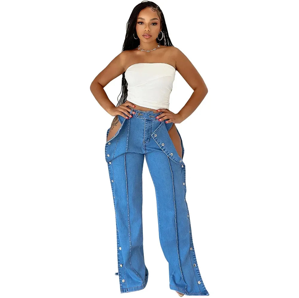Jeans Women Denim Pant Long Pants Slim Fit Tight High Waist Solid Casual Regular Button Pocket Sexy Trousers Summer 2024
