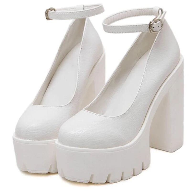 Woman Thick High Heels Shoes Ladies Sexy Platform Pumps Gothic Punk Style Ankle Strap Casual Shoes Dress Shoes for Women