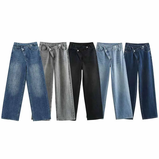 Women's new chic fashion asymmetrical waist design loose high waist wide leg jeans retro side pocket zipper women's denim pants