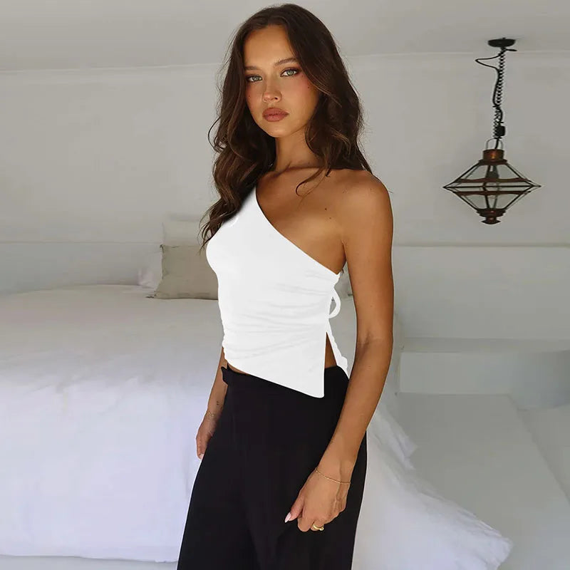 Women's Sexy Off Shoulder Crop Tops Women Summer Sleeveless Backless Lace-Up T-Shirts Woman 2025 New Hot Sale Irregular Slim Tee