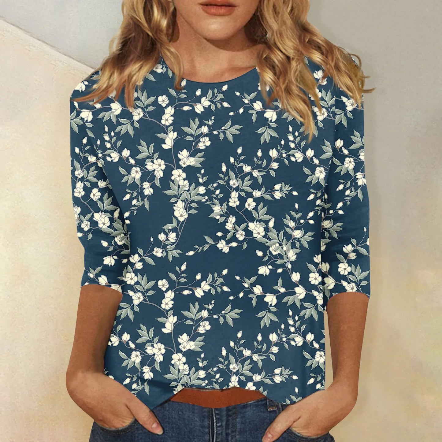 2024 Women Summer Tops Comfortable T Shirt Fashion Flower Print Round Neck 3/4 Sleeve Tops Soft Versatile Pullover Ropa De Mujer