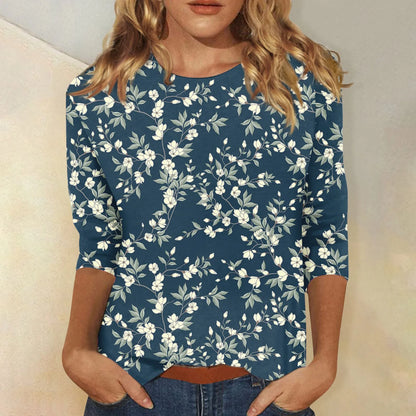 2024 Women Summer Tops Comfortable T Shirt Fashion Flower Print Round Neck 3/4 Sleeve Tops Soft Versatile Pullover Ropa De Mujer