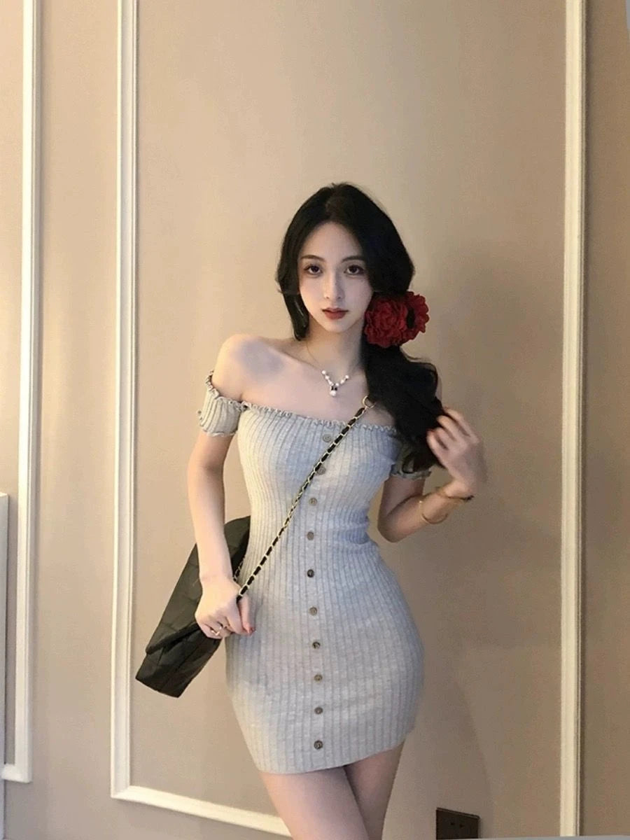 Woman Dress for Women 2025 Vestidos De Mujer Fashion Slash Neck Tunic Robe Femme Ruffles Bodycon Knitted Button Summer Dresses