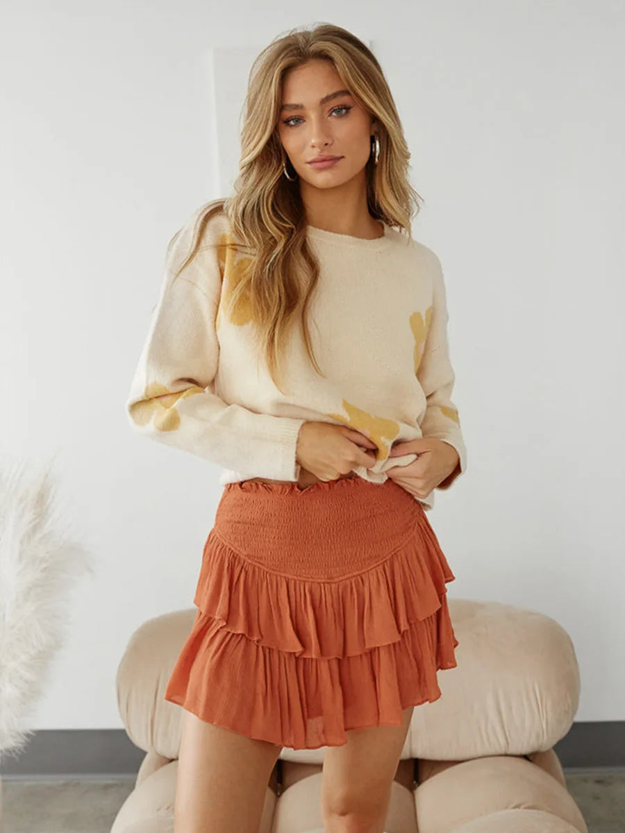 Women's High Waist Ruffle Pleated Mini Skirts Solid Lined Layered Flared Flowy Casual Swing Summer Boho Beach Mini Short Skirt
