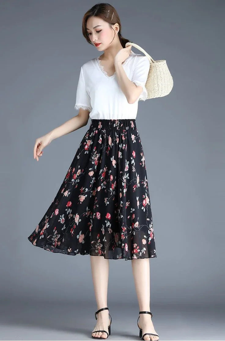 Skirts for Women Chiffon Woman Skirt Floral Midi Summer Casual New In Clothing Sales Modest Luxury Elegant High Quality V Cheap