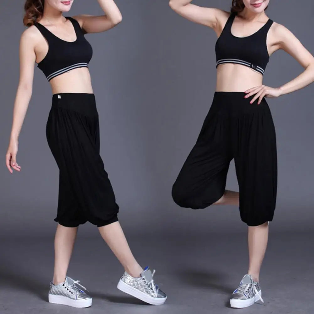 Summer Women Yoga Pants Modal Solid Color Yoga Cropped Pants Wide Elastic Waistband Dance Performance Wide Leg Pants Bloomers