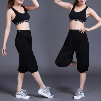 Summer Women Yoga Pants Modal Solid Color Yoga Cropped Pants Wide Elastic Waistband Dance Performance Wide Leg Pants Bloomers