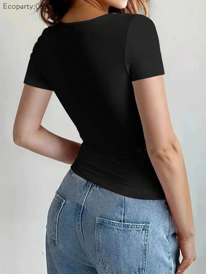 Summer Women's Tops Causal Basic T-Shirts Scoop Neck Short Sleeved Crop Tops Cute Slim Fit Tees Pullovers Clothing Y2K 2025 New