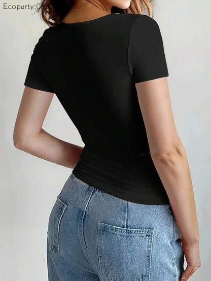 Summer Women's Tops Causal Basic T-Shirts Scoop Neck Short Sleeved Crop Tops Cute Slim Fit Tees Pullovers Clothing Y2K 2025 New