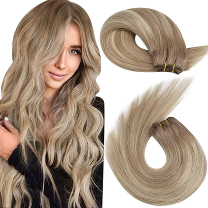 Moresoo Human Hair Bundles Weave in Double Wefted Machine Remy Hair Balayage Hair Pieces for Women Straight Weft Hair Extension