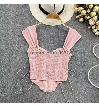 Women Corset Top Y2K Clothes Lolita Ruffles Flower Lace Tank Top Summer French Tube Tops Cute Clothes Pink Crop Tops