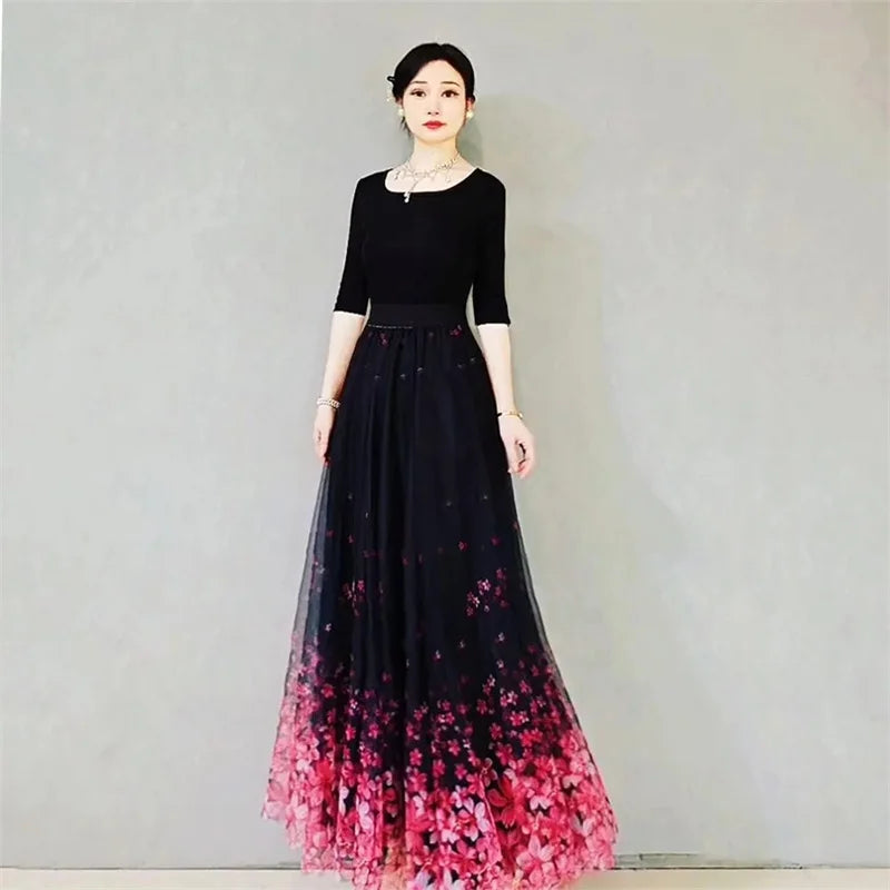 Skirt Women's Long Skirt 2024 New High Waist Slim A-line large Swing Skirt Female A-Line Skirts Summer Sakura Gradient Long Skir
