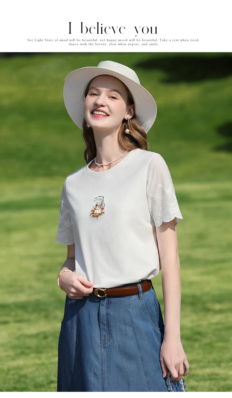 I BELIEVE YOU Top For Women 2025 New Summer T-shirt White O-Neck Studded Beads Embroidery Splicing Commuting T-shirt 2252016014