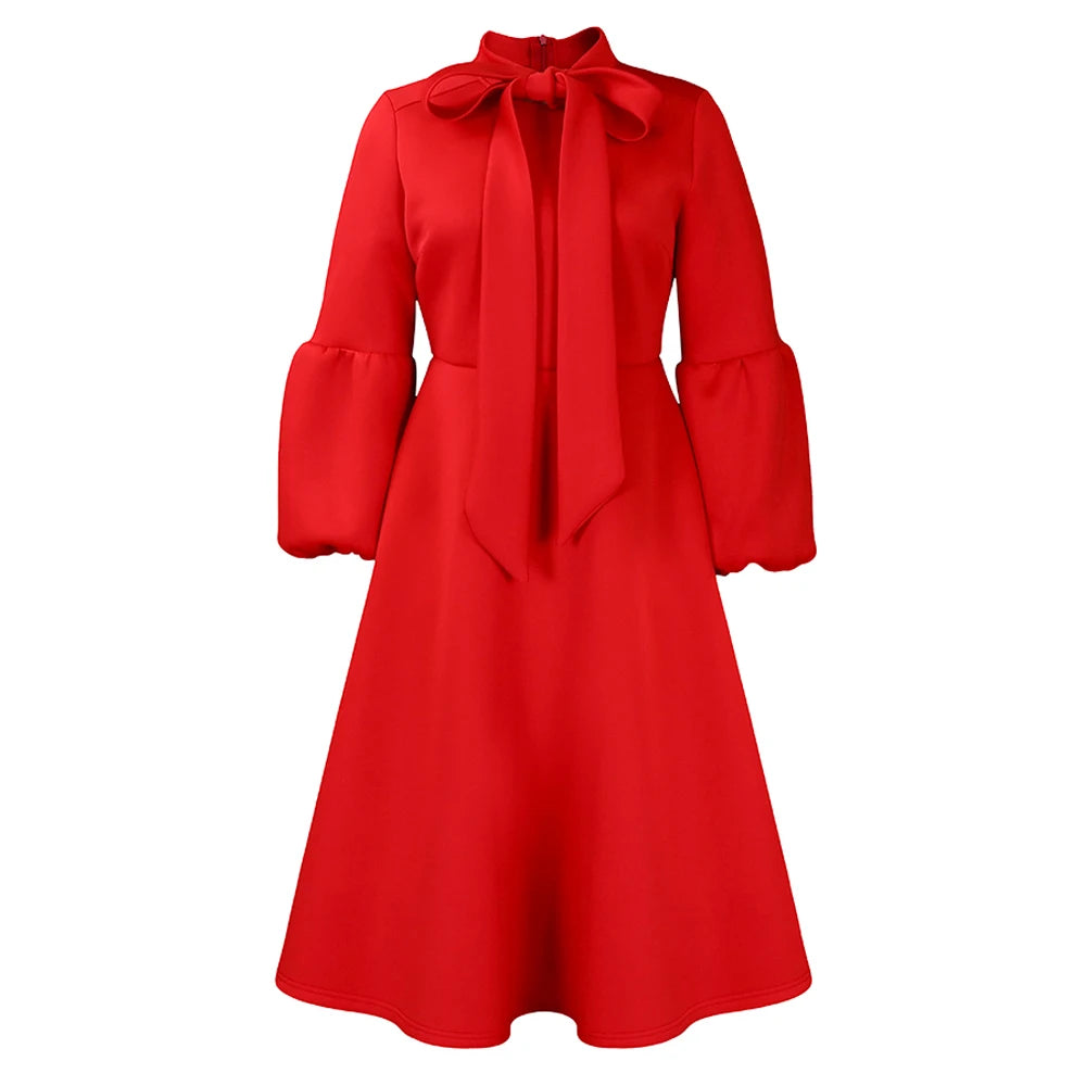 Elegant Dresses for Women Bow Collar Full Sleeve High Waisted A Line Mid Calf Luxury Female Birthday Party Dinner Vestidos Mujer