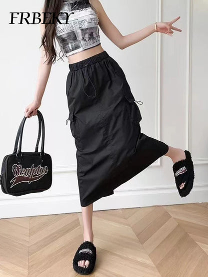 Skirts for Women Spring Summer Drawstring Workwear Half-body Skirt Split Mid-length Skirt Pure Color Package Hip One-Step Skirt