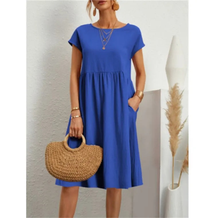 Women's Dresses 2025 Summer Fashion Casual Dresses Women Loose Mid Length Over Knee Dress New Short Sleeve Solid Dress Woman