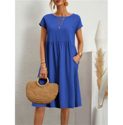 Women's Dresses 2025 Summer Fashion Casual Dresses Women Loose Mid Length Over Knee Dress New Short Sleeve Solid Dress Woman