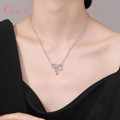 Delicate 925 Sterling Silver Necklaces for Women Sweet Bowknot Pink Zircon Pendant Necklace Holiday Party Fashion Jewelry Gifts