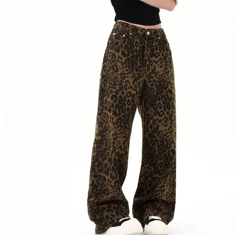 Women's leopard print jeans autumn and winter fashionable versatile loose retro casual pants straight leg wide leg pants