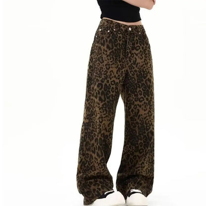 Women's leopard print jeans autumn and winter fashionable versatile loose retro casual pants straight leg wide leg pants