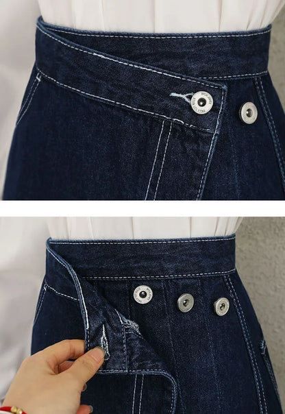 Irregular Pleated Baggy Denim Skirt Women Casual High Waist Vintage Faldas Korean Fashion Streetwear Loose A-lined Jean Skirts